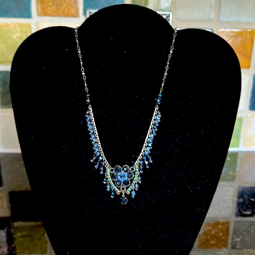Belladonna Blue Bead and Rhinestone Necklace Aged Metal Flower Center